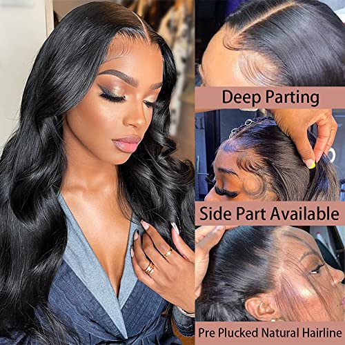 13X6 Body Wave HD Lace Front Human Hair Wigs with Baby Hair for Black Women Pre Plucked Brazilian Virgin Wavy Curly Wig 220% Density Natural Color 14 Inch