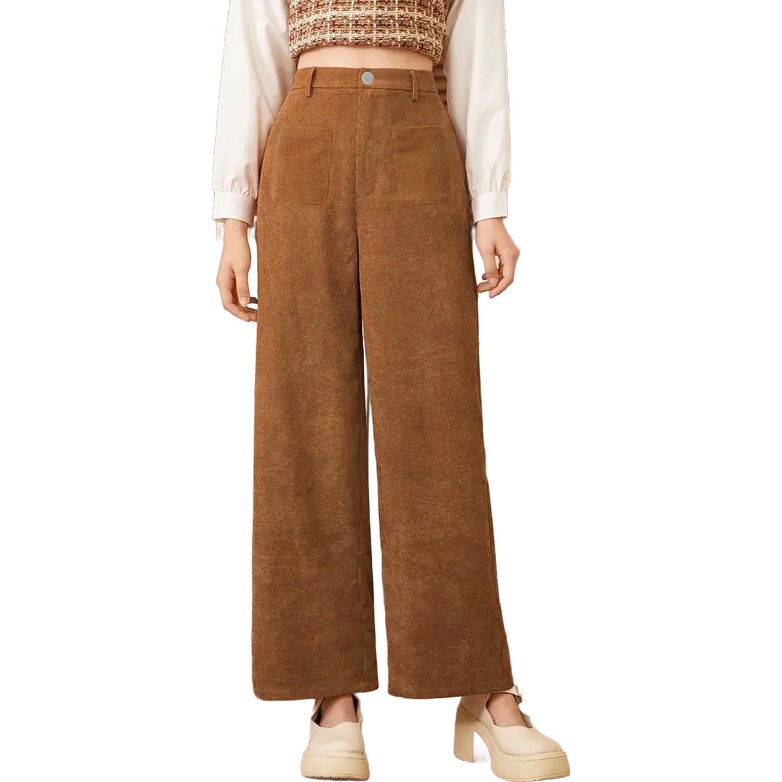 Womens Velour Cropped Pants High Waisted Straight Pants Velvet Wide Leg Stretchy Chic Trousers with Front Pockets