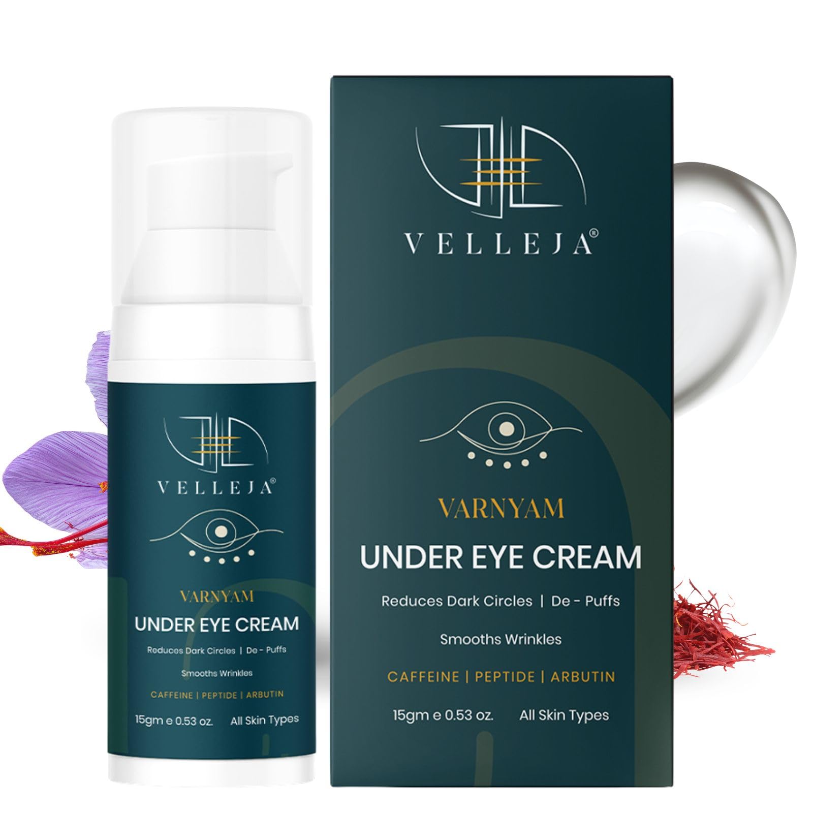 Suun ayurveda by Velleja Under Eye Cream I Reduces Dark Circles, Puffiness & Fine Lines | 5% Peptides , 4% Caffeine & 3% Bakuchiol | Brightening & Wrinkles Eye Serum for Men & Women I Visible Results in 14 Days | 15ml
