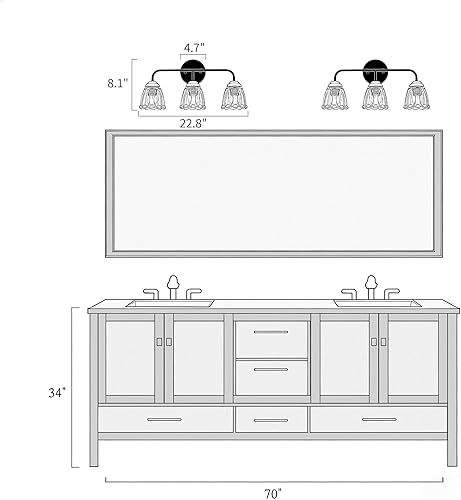 Miniatura 6 de Moderna lámpara de tocador de baño, aplique de pared de 3 luces, marco de metal negro con detalles de latón, pantallas de vidrio ondulado