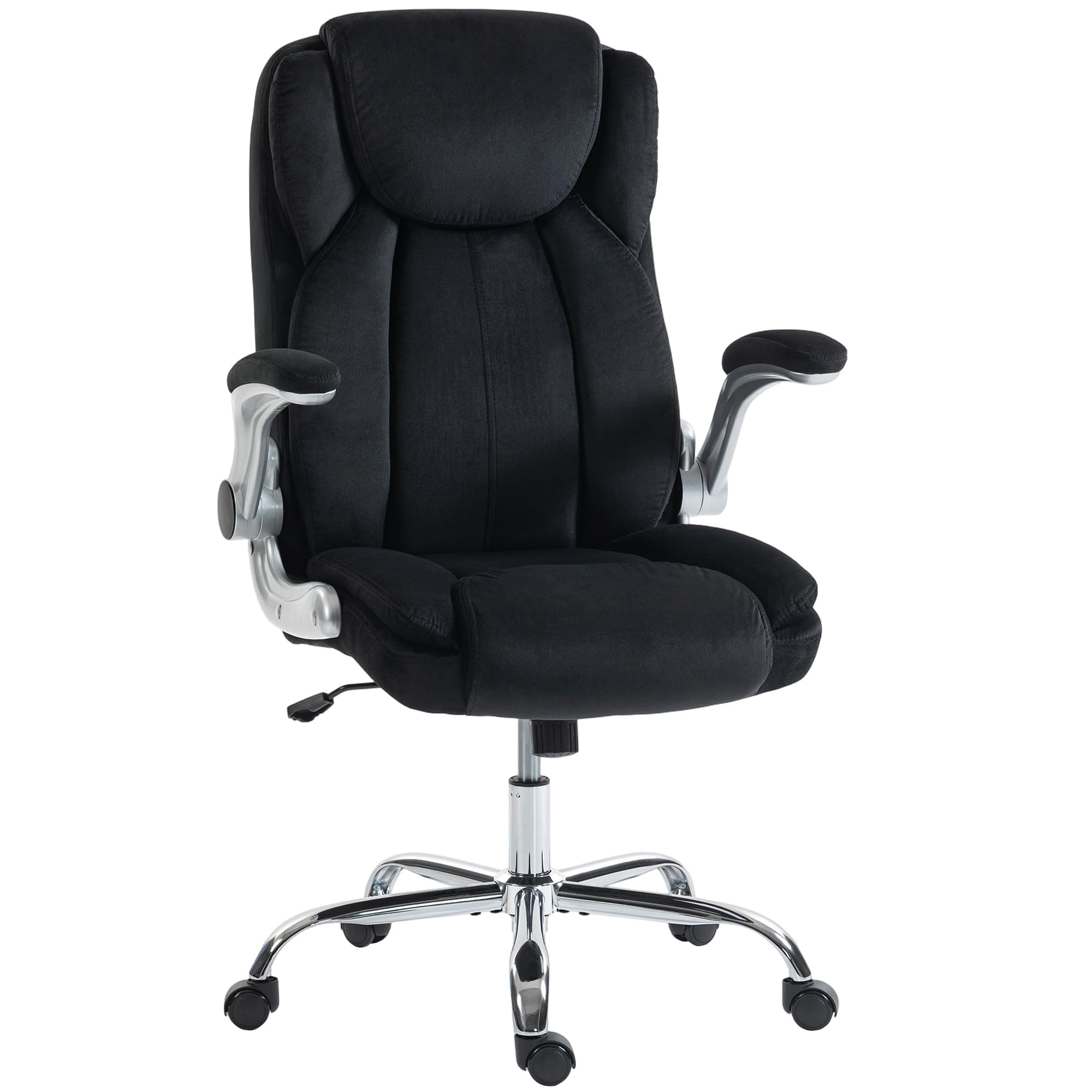 HOMCOM Silla de Escritorio Ergonómica con Reposabrazos Abatibles Negro | Silla de Oficina con Respaldo Alto, Asiento con Muelles, Altura Ajustable, Función Basculante, Tapizado en Terciopelo