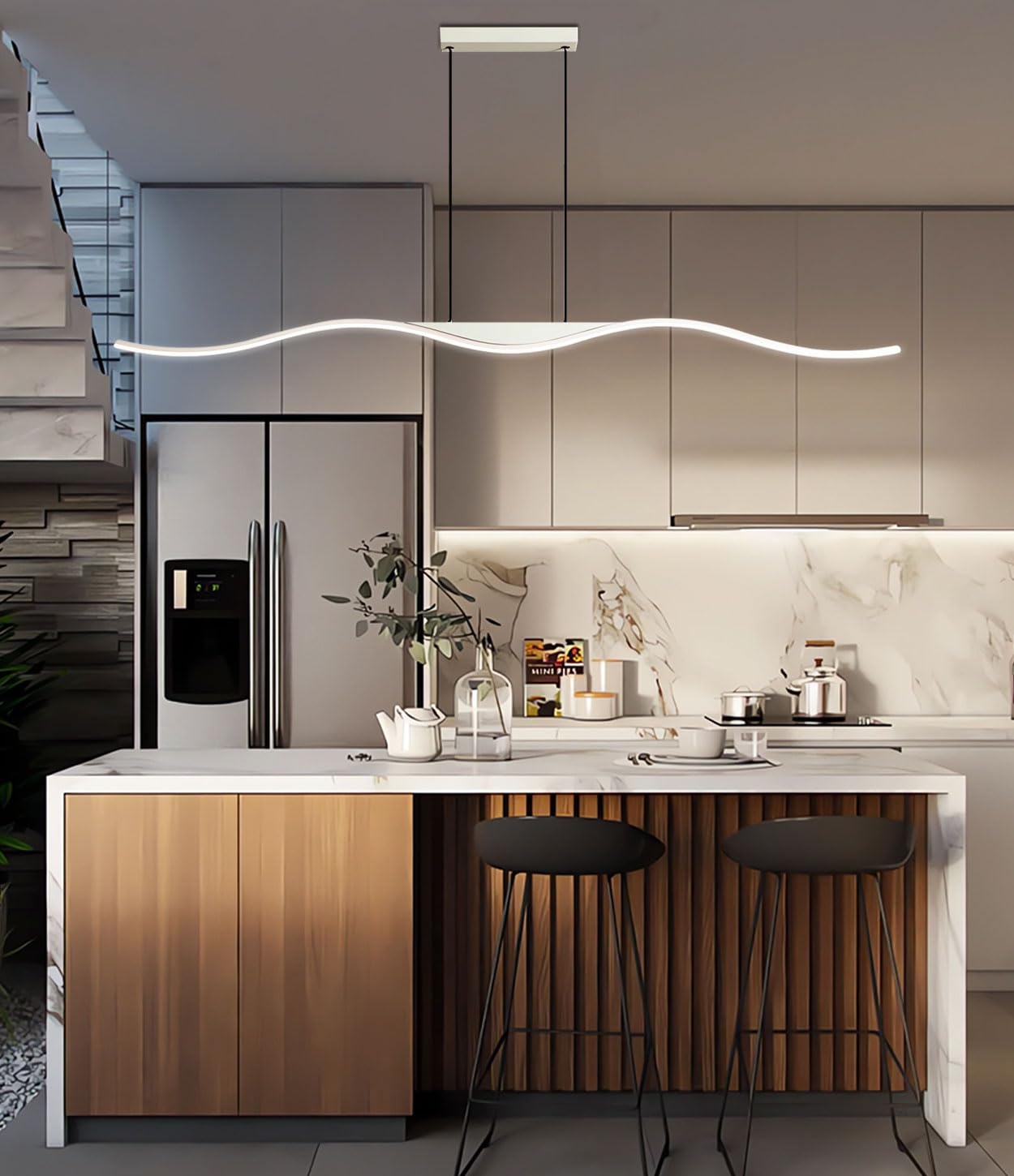 Lustre moderne à LED Wave,lampe suspendue linéaire réglable en hauteur pour îlot de cuisine,lampe suspendue noire pour salle à manger avec télécommande,luminaires à intensité variable (Blanc, 100cm)
