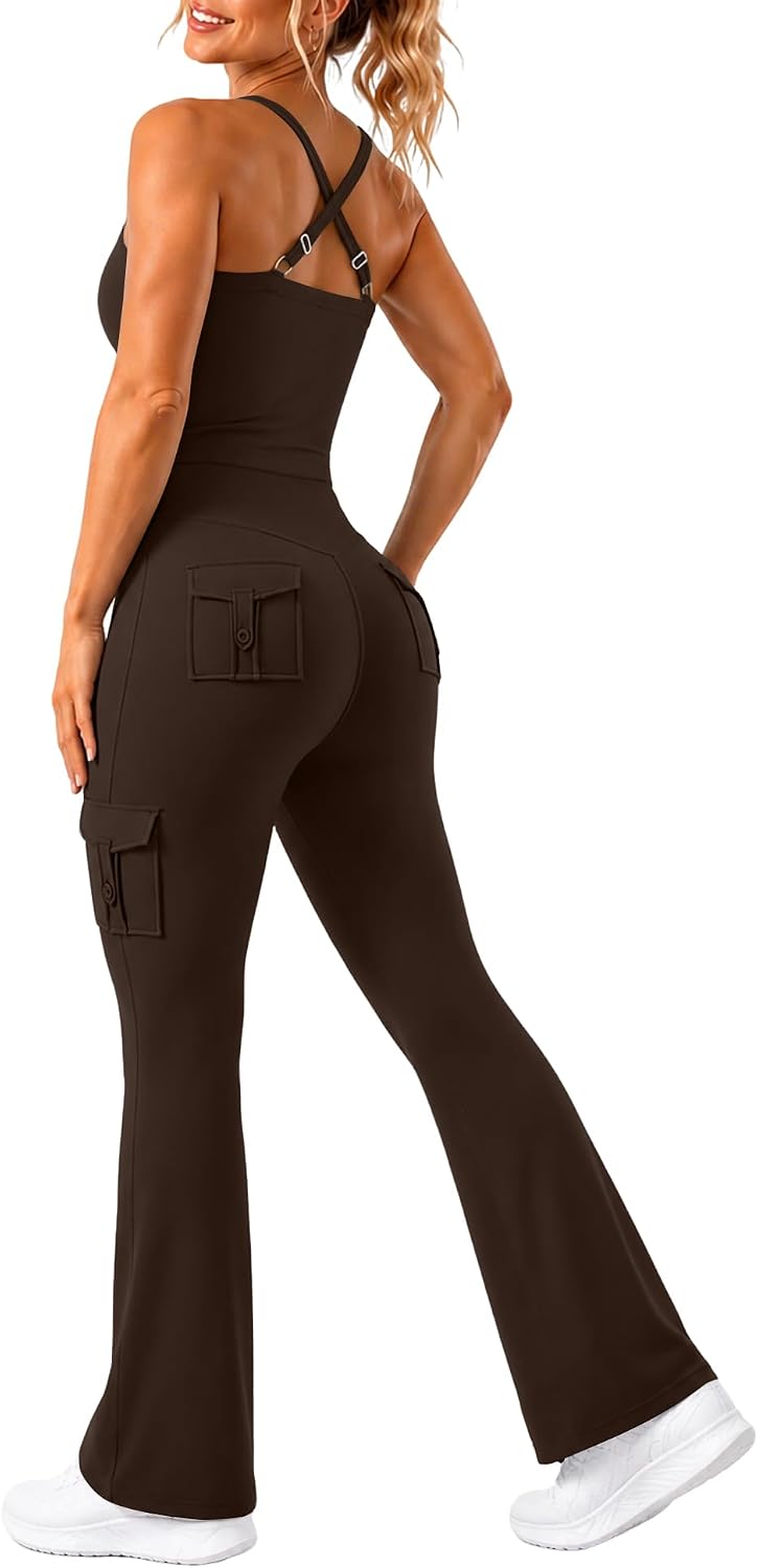 UOUA Women's 2 Piece Workout Sets Cami Racerback Tank Cargo Flare Leggings with Pockets Gym Yoga Outfits