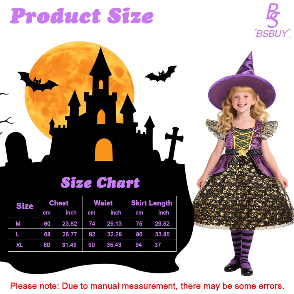 BSBUY Kid Witch Costume Halloween Glitter Witch Fancy Dress Up for Girls Purple Witch Princess Dress Witch Outfit Costume with Hat Broom Tattoo Belt for Wizards Carnival Reading Day Christmas(M) - Image 2