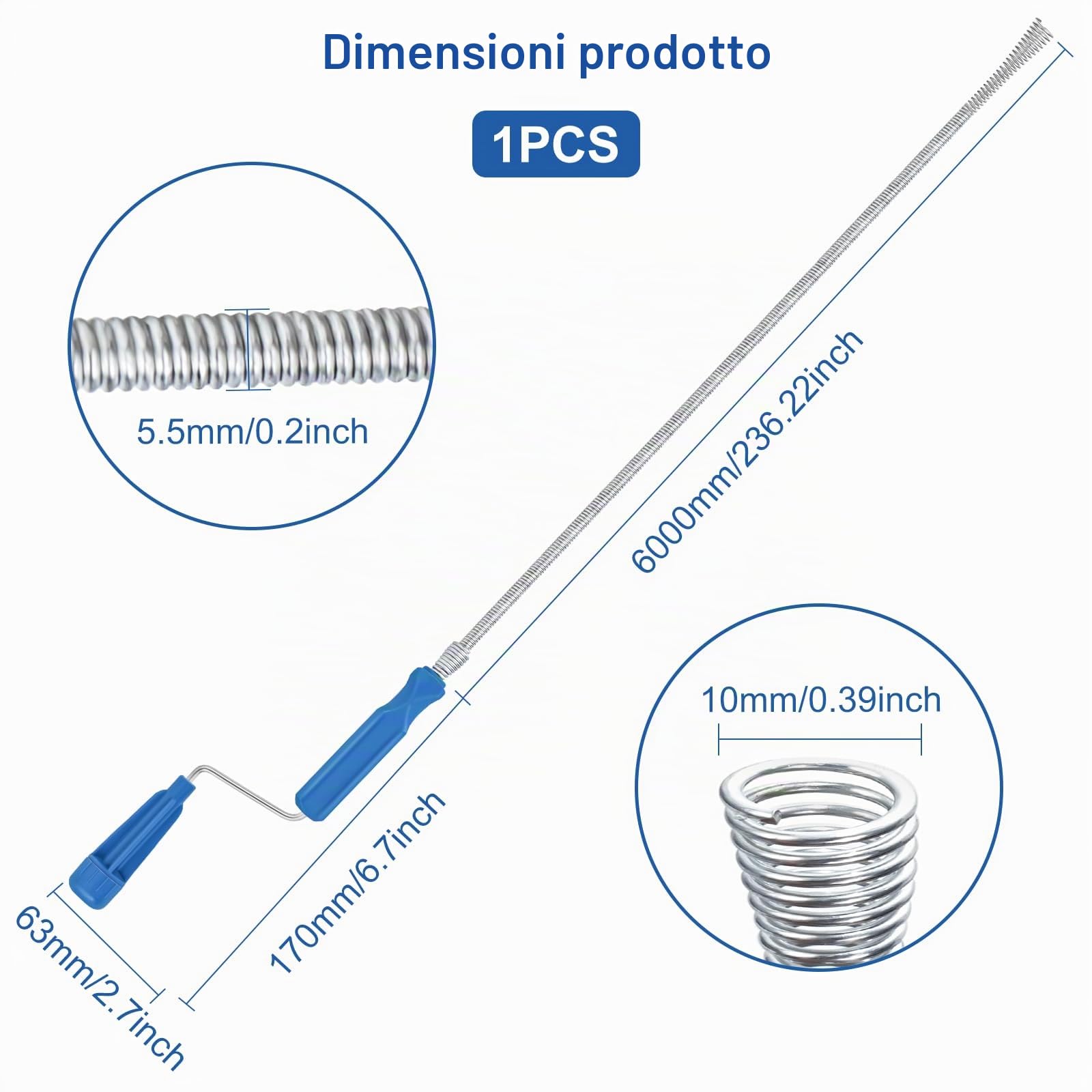 Stura lavandini e scarichi professionale 6 m x 6 mm Sonda sturatubi Molla Sturatubi Stura wc Sonda sturatubi per idropulitrice,Molla sturatubi Cleaning Claw per bagno, vasca…
