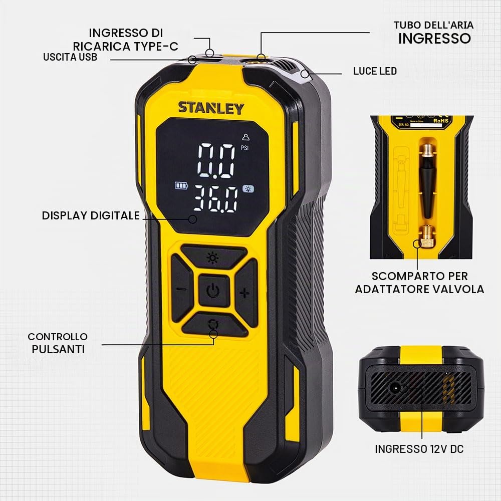 STANLEY SXIF0101 Compressore a batteria 10 bar Spegnimento automatico, Display digitale, incl. 1 batteria, con funzione