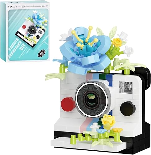 Miniatura 11 de Juego de construcción de microladrillos con cámara retro de flores de rosas, juguetes en miniatura para decoración del hogar, regalos creativos