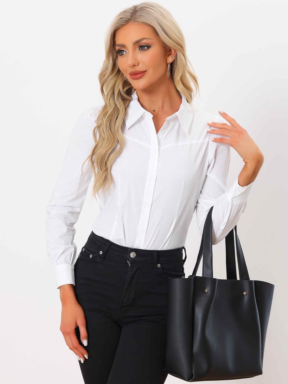 Allegra K Work Body Suits for Women Office Button Down Shirt Collared Long Sleeves Bodysuit Top - Image 4