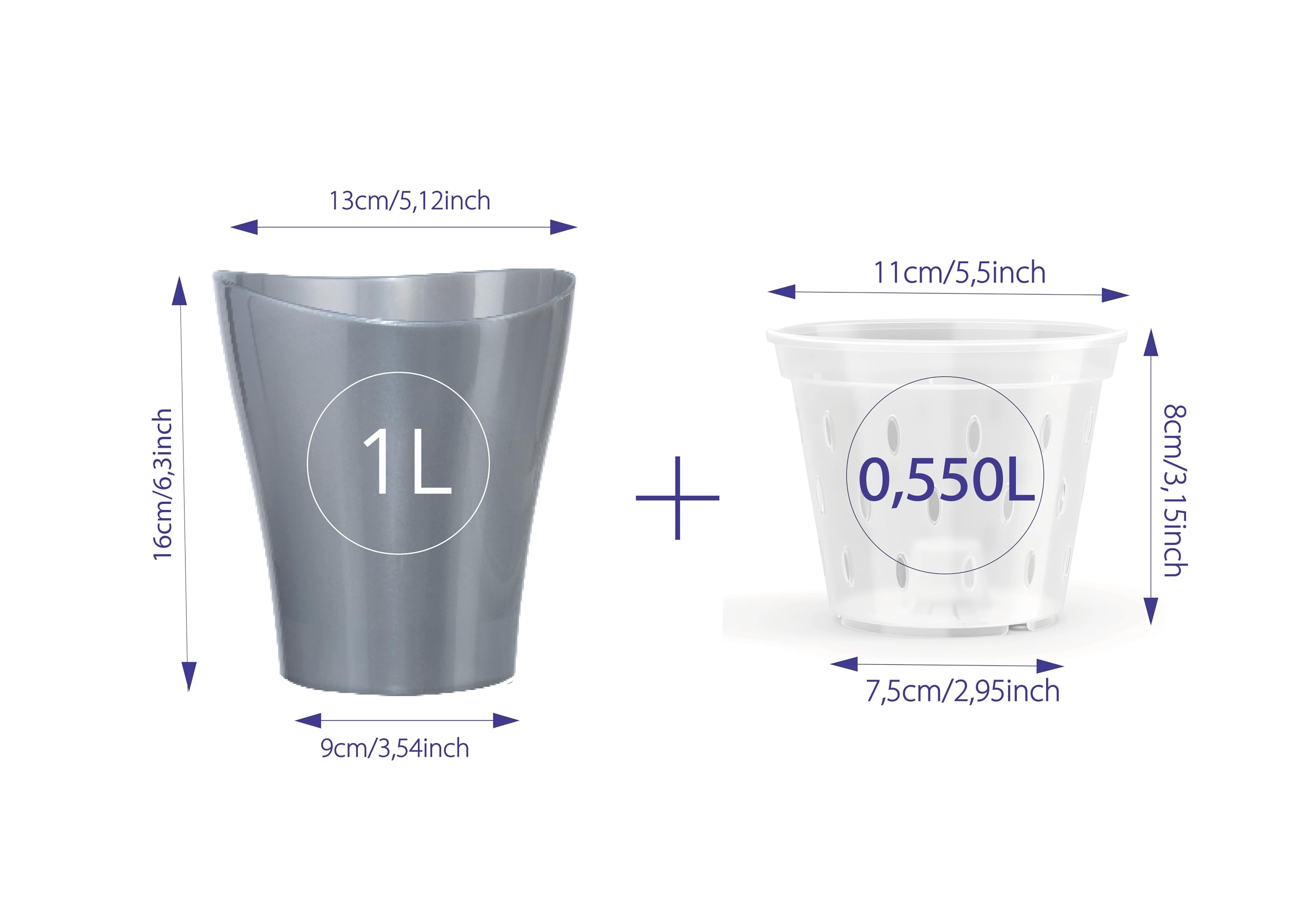 Garten lux Orchid Pots Anthracite Set of 4 1 L Diameter 13 cm with Set of 4 Orchid Planters Drainage Hole Plastic Transparent 0.55 L Diameter 11 cm for Indoor Use - Image 2