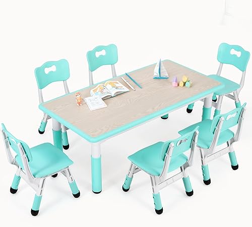 Miniatura 10 de Arlopu Juego de mesa de estudio y 6 sillas para niños, mesa de graffiti ajustable en altura, mesa de manualidades para actividades preescolares para