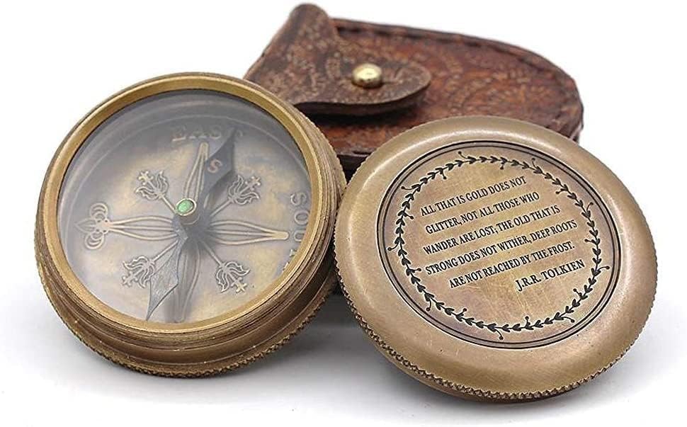 Brújula magnética vintage náutica antigua direccional con grabado de cita famosa y estuche de cuero miniatura 1