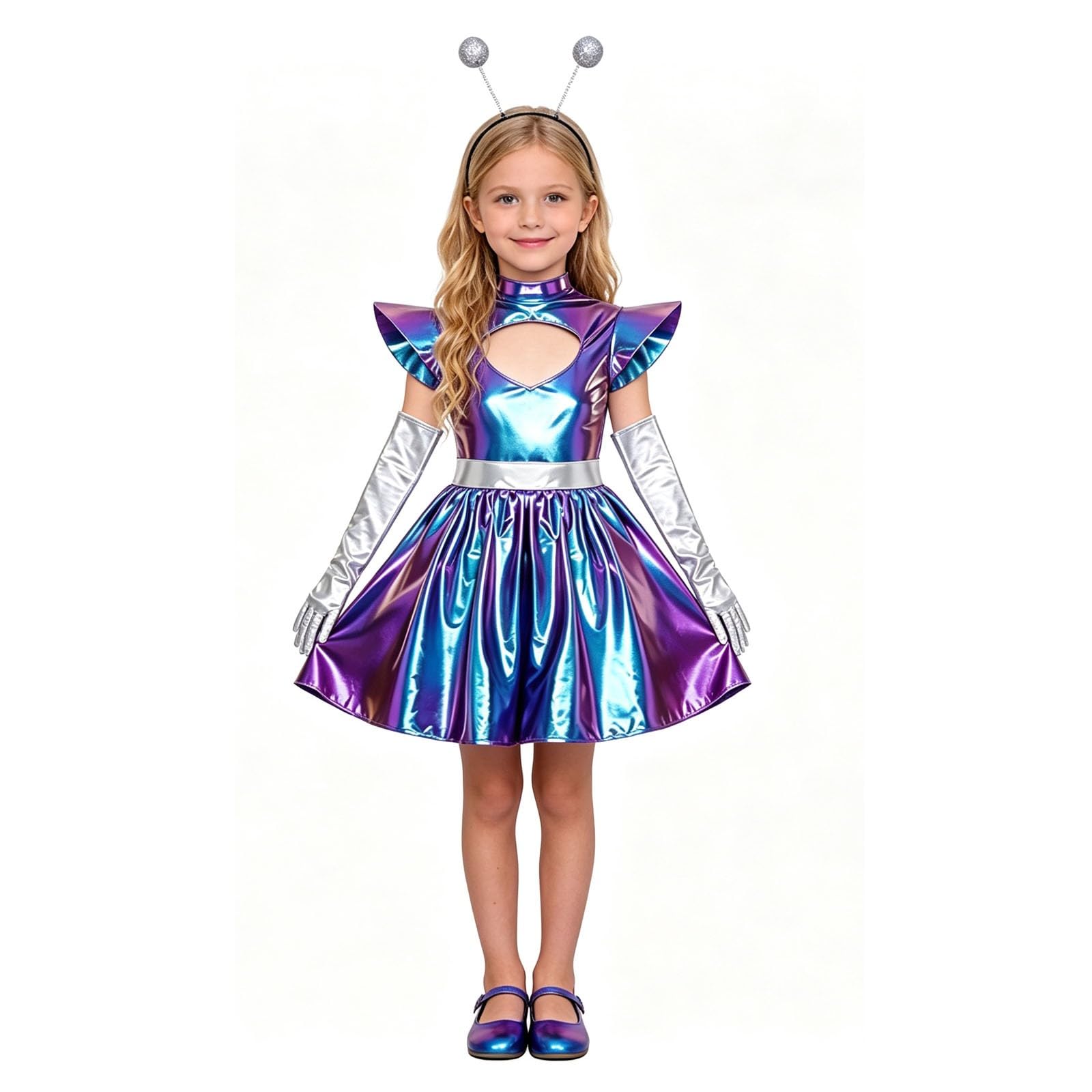 Kids Space Fancy Costume Girls-Metallic Robot Alien Costume Front Hollow Dress for Halloween Carnival