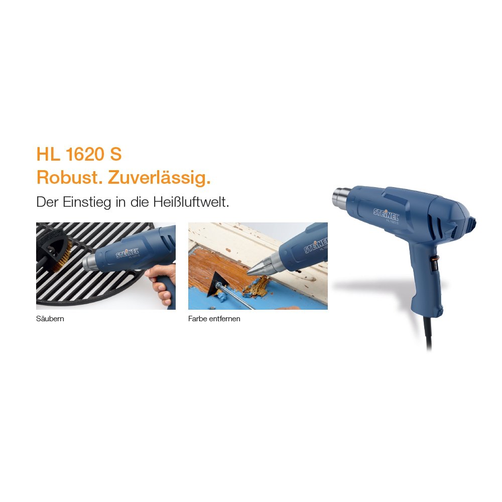 Steinel HL 1620 E - Pistola de aire caliente, Potencia de 1600 W, Temperatura de 300 °C o 500 °C, Caudal de 2 niveles 240/450 l/min, Pistola de calor con un peso de solo 670 g, 351106