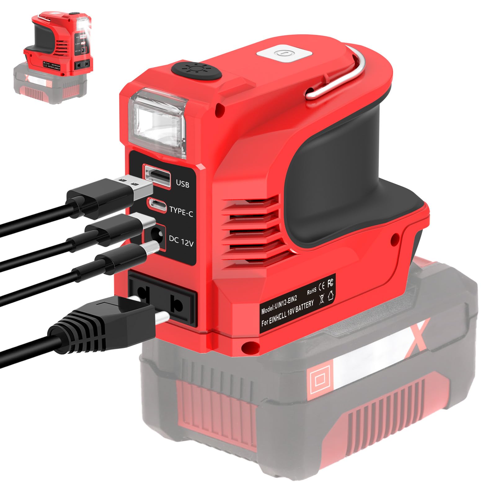 Inverter per batteria Einhell da 18 V, DC 18 V a AC 220 V, adattatore con connettore USB Type-C DC12 V e lampada LED, unità di emergenza per campeggio