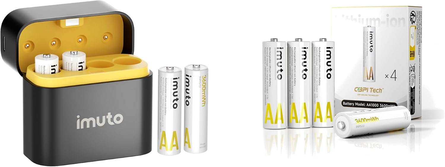 imuto 3600mWh Rechargeable AA Lithium Batteries 12-Pack with 4-Slot Charging Case,1.5V High Power, 2500 Cycles, CBPI Sealing Tech, High-Capacity Li-ion Cells for Game Controllers, Smart Locks, Cameras