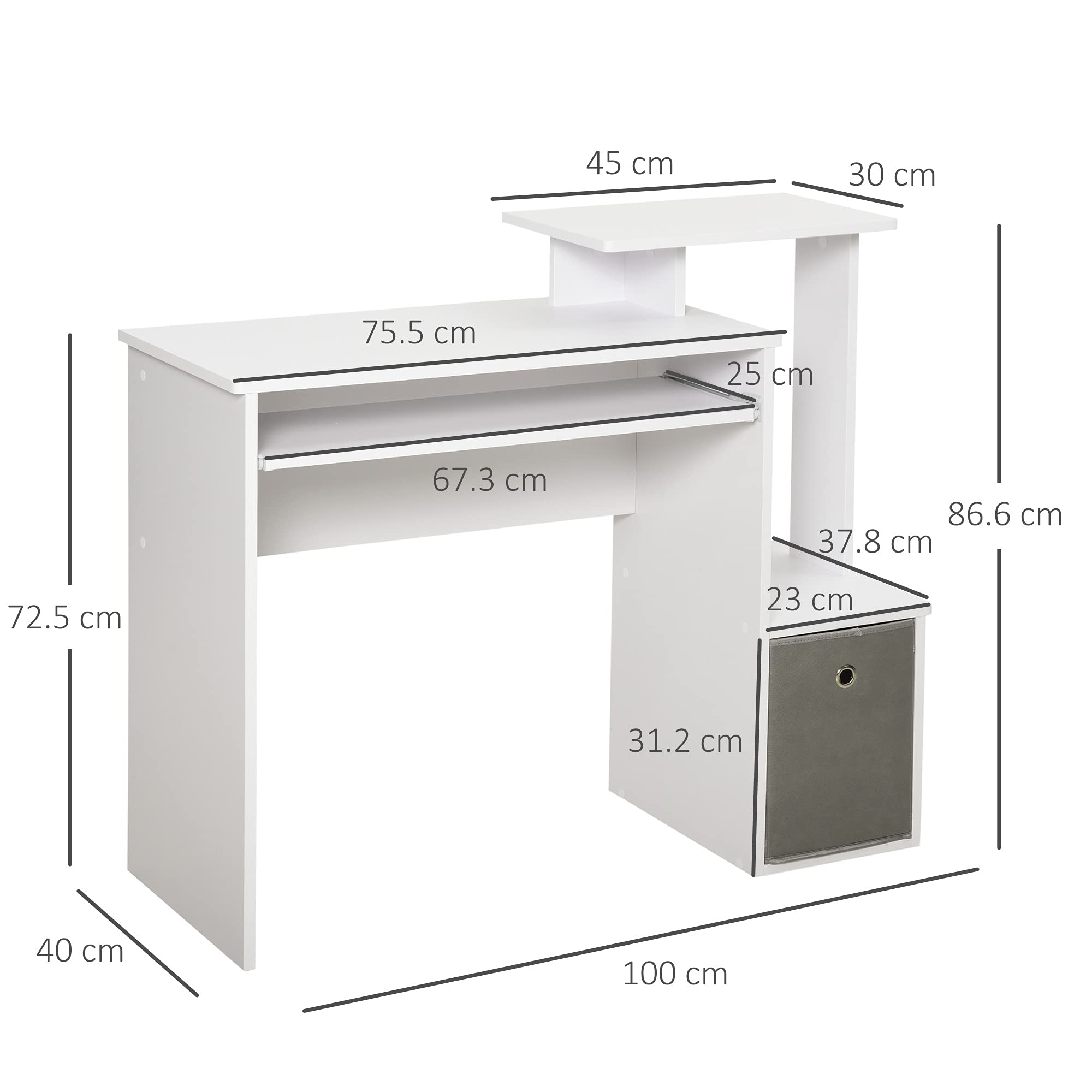 HOMCOM Scrivania Moderna per PC con Ripiano in Legno 100x40x86.6cm Bianco | Mensola Porta Tastiera, Cassetto in Tessuto