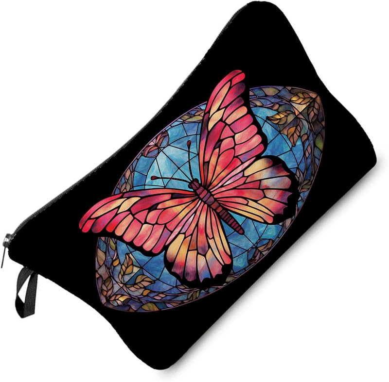 Necessaire pequena com zíper e estampa de borboleta em vitral Livel lhood