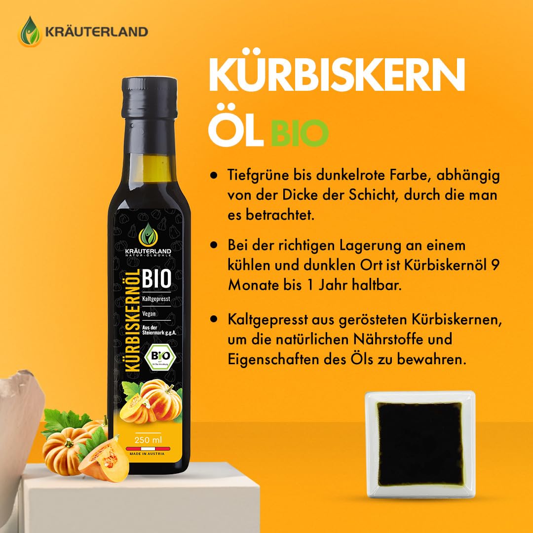 Kräuterland steirisches Bio Kürbiskernöl 4X 250ml (1Liter) geröstete Kerne | 100% naturrein, vollmundig & nussig, GVO-frei, für Salat, Suppe & Süßspeisen, mehrfach ungesättigte Fettsäuren & Vitamin E