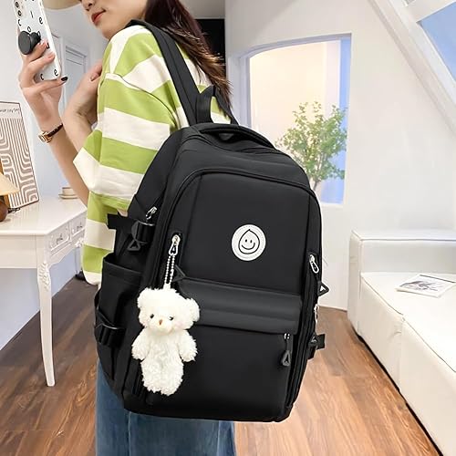 Miniatura 5 de 5pcs Mochila Set Gran Capacidad Patchwork Bookbag Lona con Colgante, Negro, Mediana, Casual
