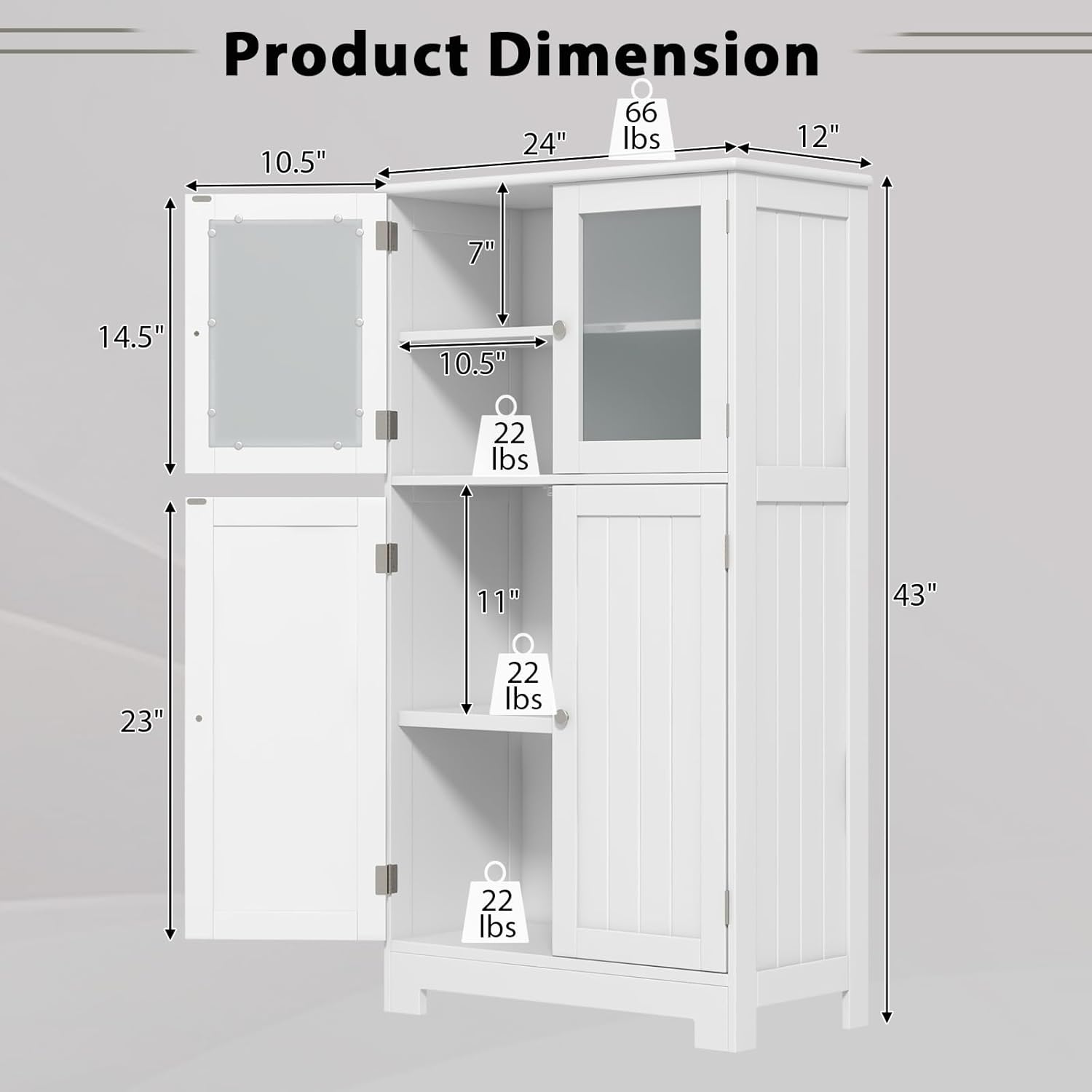 POWERSTONE Bathroom Storage Cabinet, Freestanding Floor Cabinet Organizer with Glass Doors & Adjustable Shelf, Wooden Kitchen Pantry Cupboard for Living Room, Bathroom, Office, Entryway (White-1)