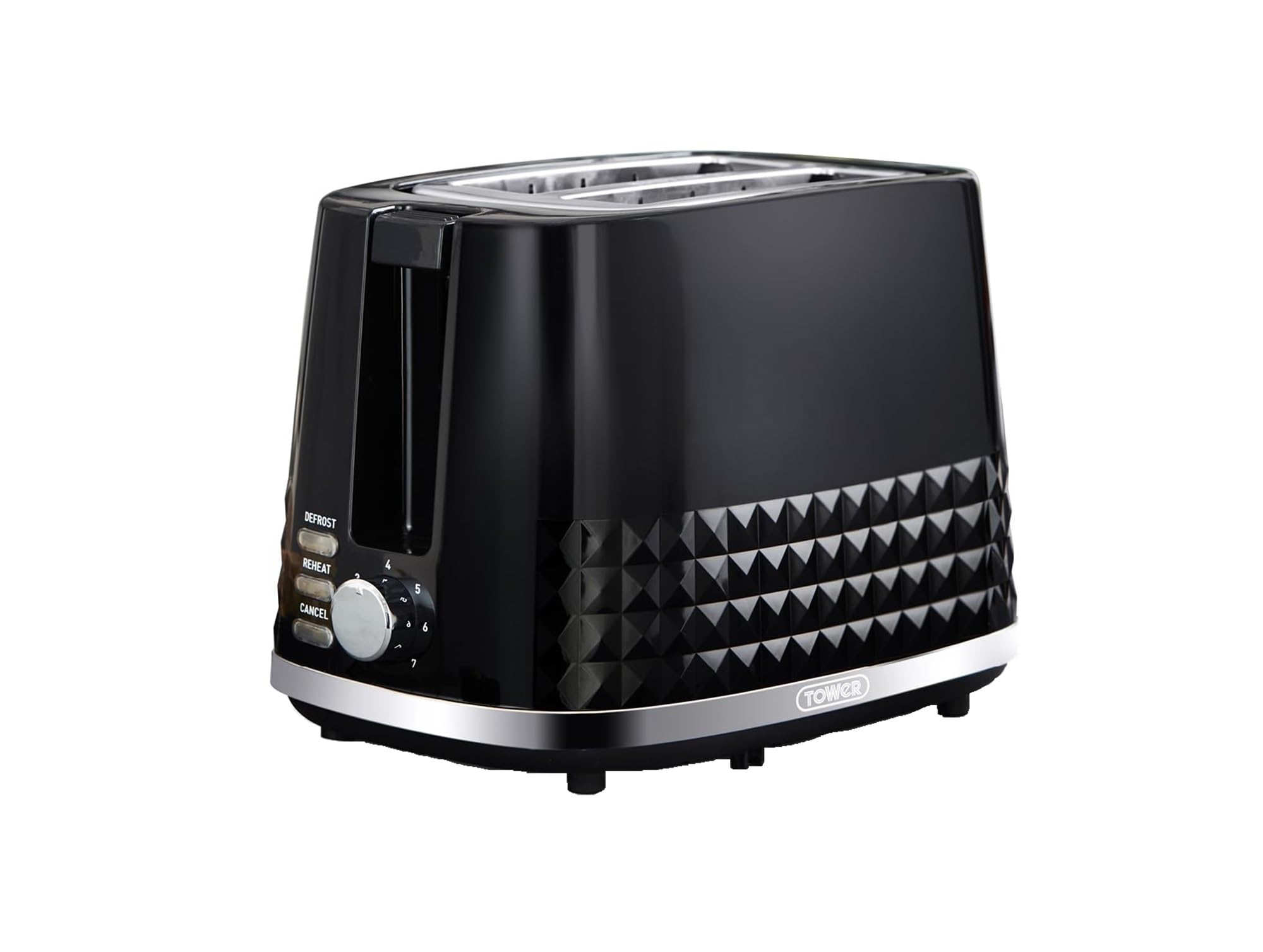 Tower Black Solitaire 2 Slice Toaster, 850W, Wide Slots, 3D Diamond Textured, & Chrome Accents - T20082blk