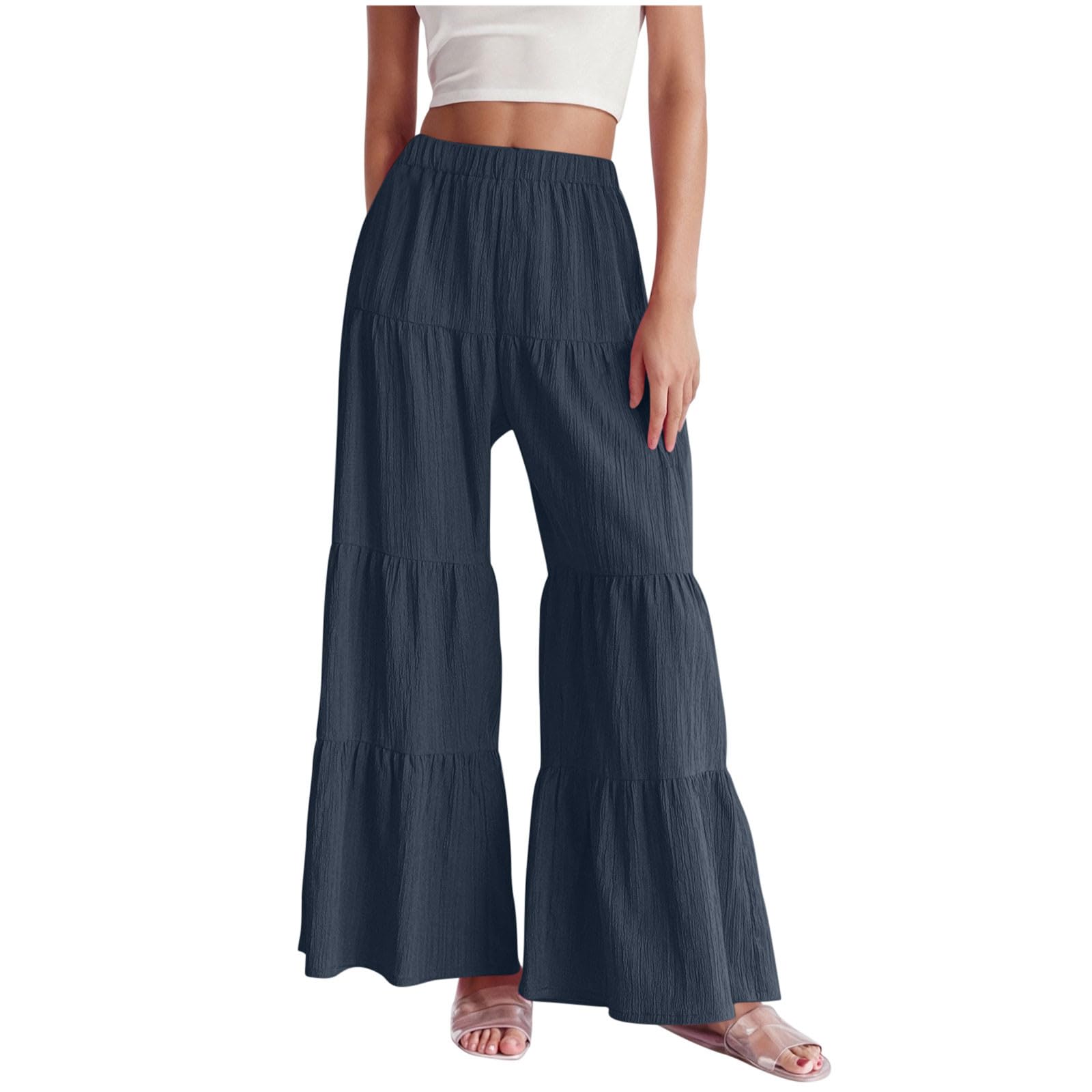 Palazzo Pants for Women Casual Smocked High Waist Ruffle Hem Wide Leg Pant Summer Flowy Baggy Tiered Flared