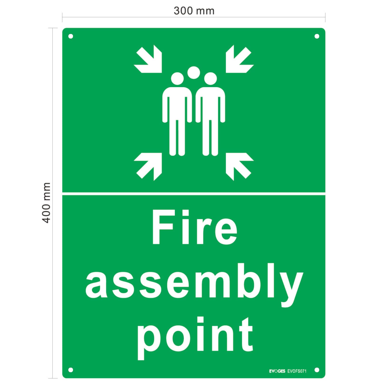 Evoges Fire Assembly Point Sign 400 x 300 x 1mm Rigid Plastic PVC With 4 Pre-Drilled Holes, Green / White, 400mm x 300mm x 1mm - Image 2