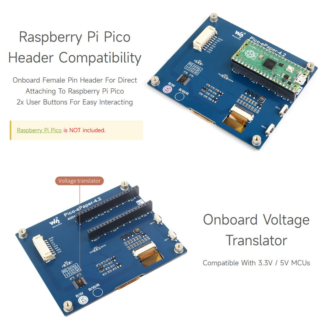 Waveshare 4.2inch E-Paper for Raspberry Pi Pico 400×300 Pixels Black/White E-Ink Display Module with SPI Interface