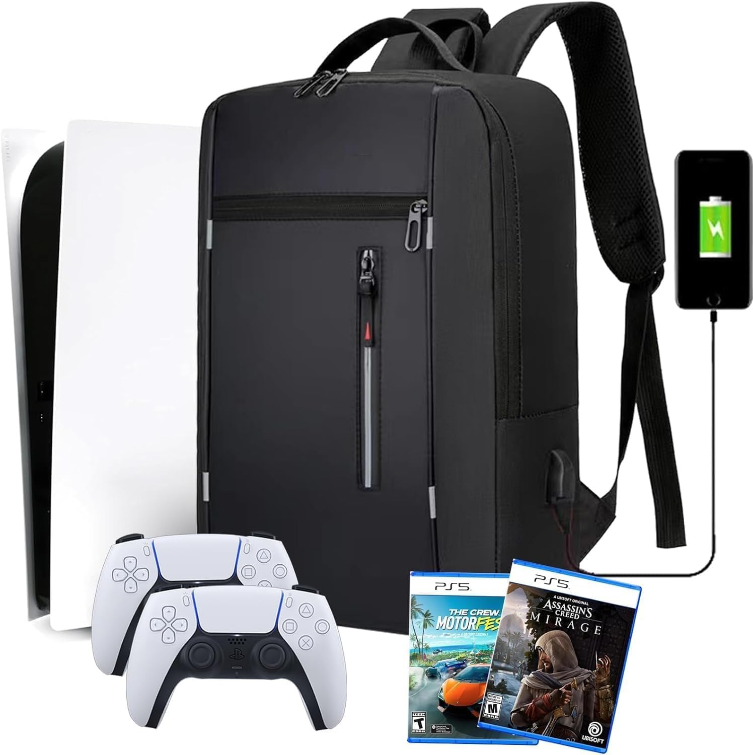 Gaming Backpack for PS5, Large Capacity Carrying Storage Bag with USB Port, Grey, Large, Game