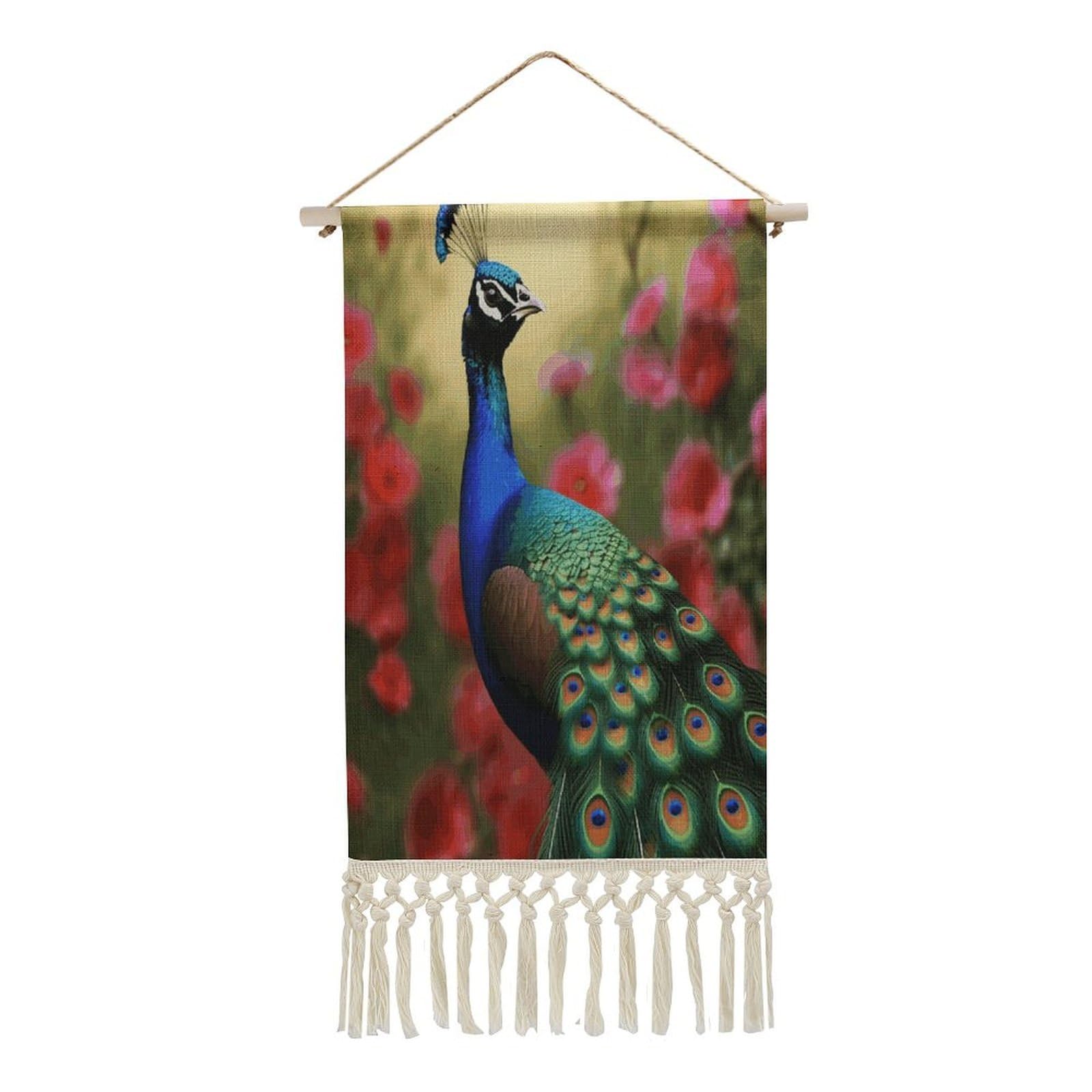 VstaDank Peacock Flowers Wall Art Decor with Tassels 20"x10" Cotton Linen Hanging Tapestry Decor Wall Art Prints Wood Frame Boho Wall Art Poster for Bedroom Living Room Office
