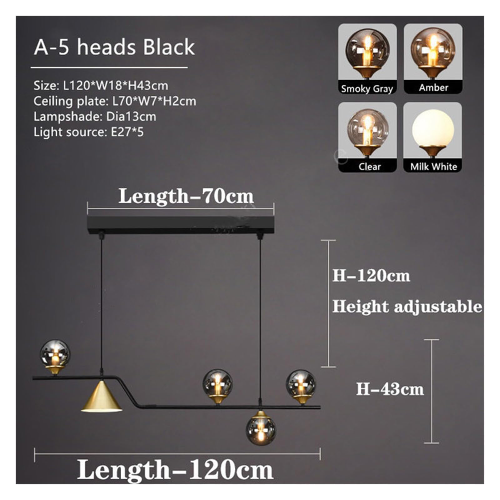 Lampadario , Lampadario moderno a LED da soffitto con sfera di vetro, tavolo pranzo, cucina, pendente nero, studio, camera letto, illuminazione for interni, lampada decorativa(5 heads black,Cold)