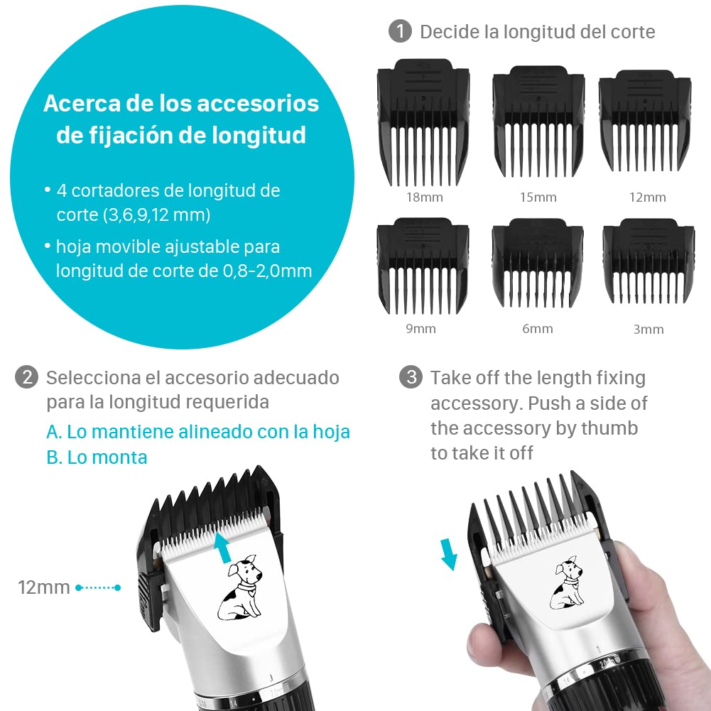 GHB Cortapelos para mascotas, perros, gatos, 6 accesorios y 2 pilas recargables