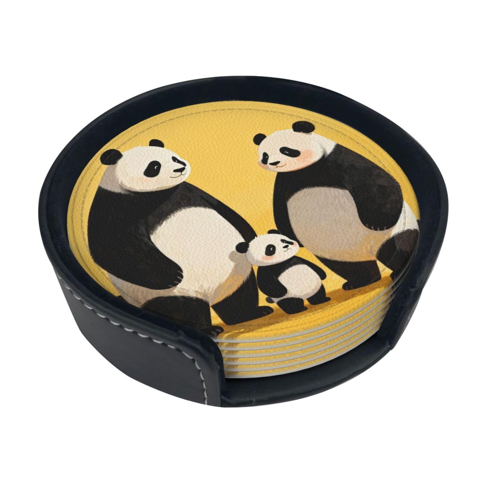 Cntdbu White Panda Family Leather Coasters Set Of 6-Pu Leather Drink Mats For Table, Heat Resistant Round Coasters With Holder