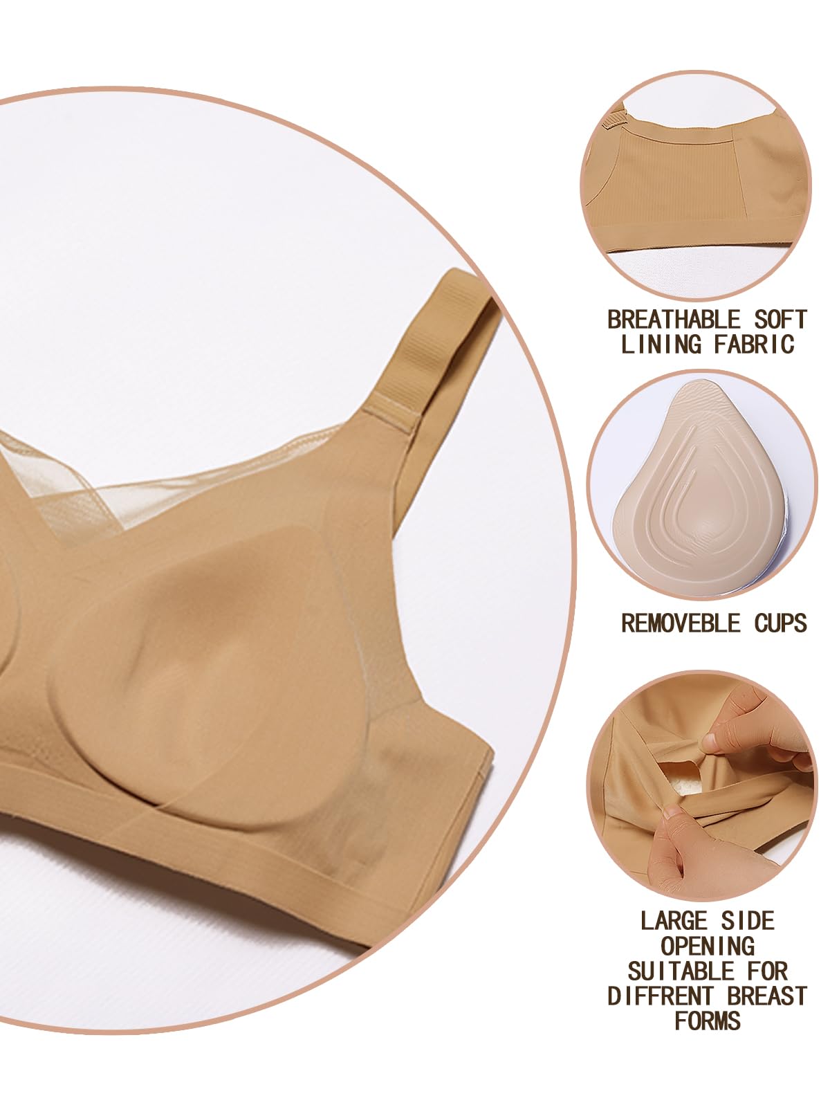 Soutien-gorge de mastectomie pour femme avec poches – Soutien-gorge quotidien pour post-chirurgie – 1 paire de coussinets de poitrine amovibles