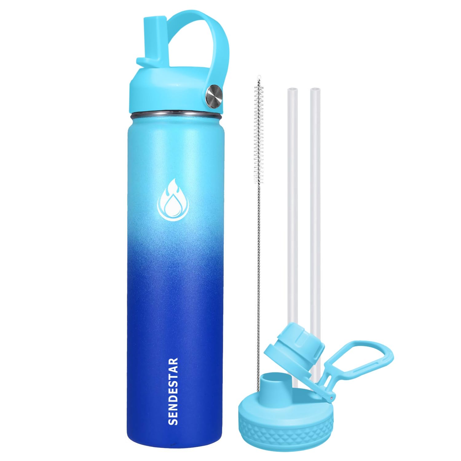 SENDESTAR Stainless Steel Wide Mouth Water Bottle 24oz Double Wall Vacuum Insulated Leak Proof Bottle with New Flex Straw Lid & Spout Lid XIN-MC-0750-1
