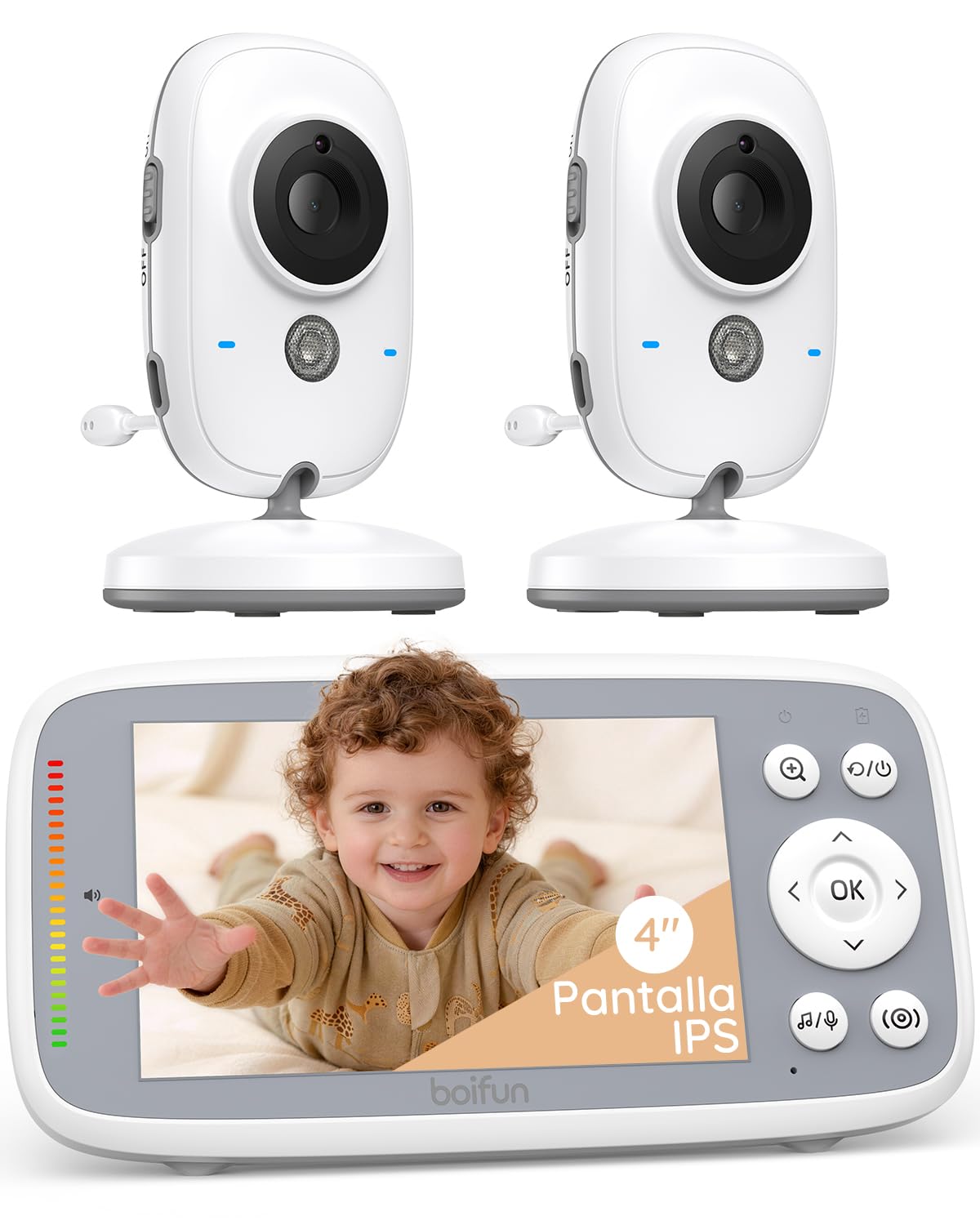 BOIFUN Camara Vigilancia Bebe 2 Camaras sin WiFi, Nocturna Invisible,4" IPS | Vigilabebes 2 Camaras, Monitor Bebe,HD 720P, Intercomunicador Bebe, VOX, Sensor de Temperatura, Canciones de Cuna, Zoom 3X