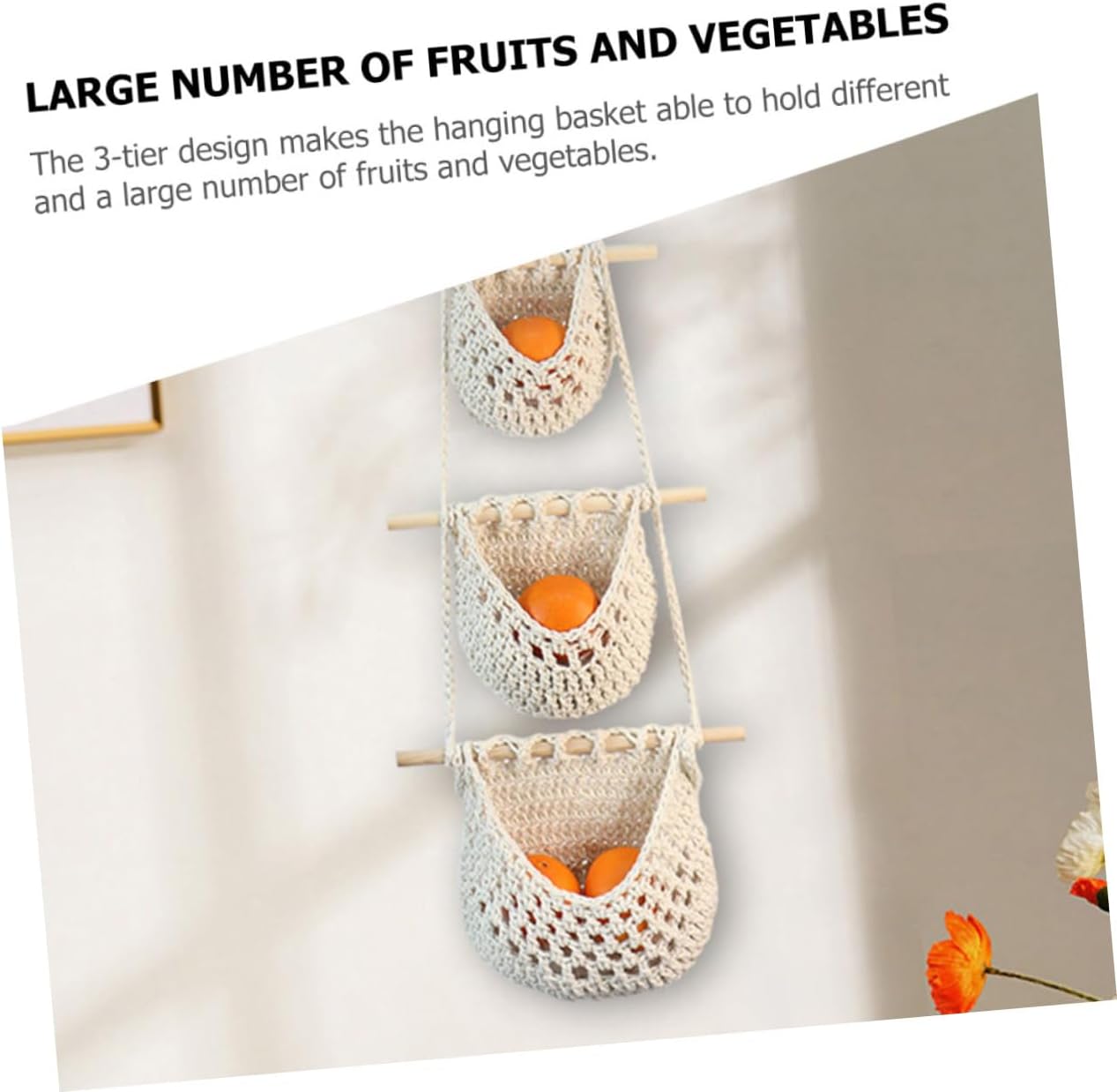 2Pcs Hand Woven Hanging Fruit Baskets Mesh Design Storage Organizer for Kitchen Rope Fruit Hammock for Vegetables and Home Decor