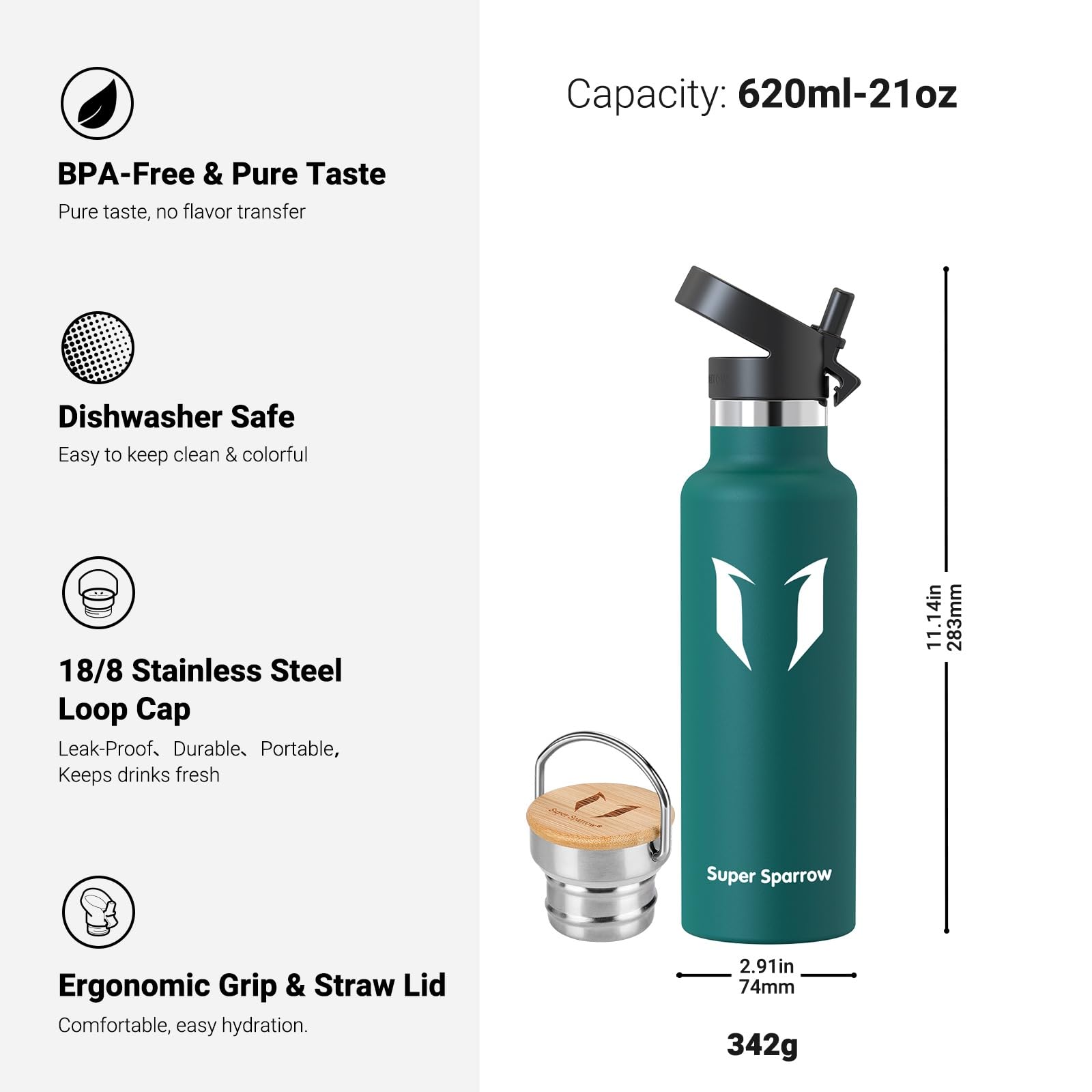 Super Sparrow Borraccia Termica - Bottiglia Termica Senza Perdite - 350ml/500ml/620ml/750ml/1L - Senza BPA Borracce Bambini - Per Scuola, Sport, Campeggio, Palestra, Ciclismo - Con 2 Tappi