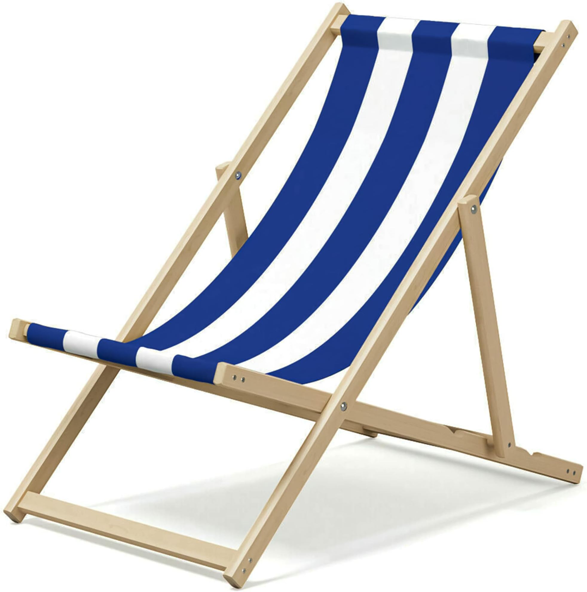 Oxford Fabric Blue Stripe Sun Lounger - Traditional Wooden Folding Deck Chair - Adults Garden & Seaside
