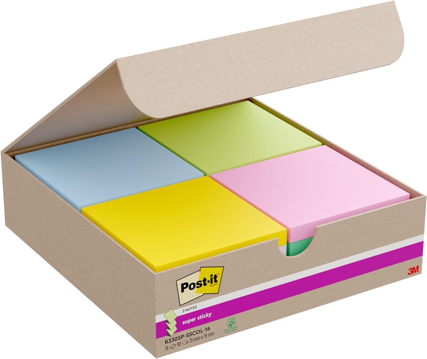 Post-it Z-Notes Super Sticky, 16 Blocs (1440 Feuilles), 76 mm x 76 mm