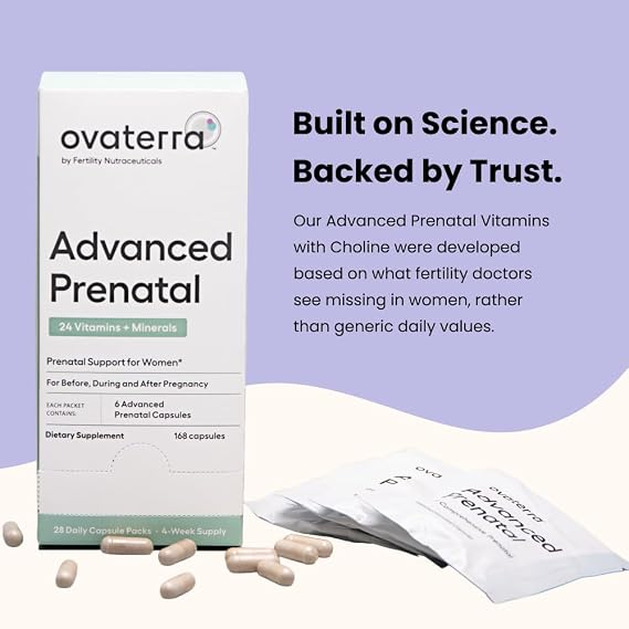 Ovaterra Advanced Prenatal Vitamins for Women with 550mg Choline, Methylfolate, Chelated Iron & 24 Nutrients 168 Capsules - 28 Day Supply