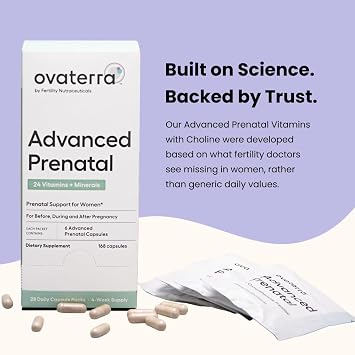 Ovaterra Advanced Prenatal Vitamins for Women with 550mg Choline, Methylfolate, Chelated Iron & 24 Nutrients 168 Capsules - 28 Day Supply