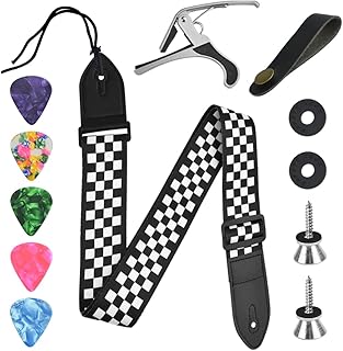 DIKEBAO Guitar Strap Electric&Acoustic Guitar Strap Checkerboard Guitar Strap & Leather Ends Guitar Shoulder Strap with Guitar Capo and 5pcs Guitar Picks for Bass Electric and Acoustic Guitar