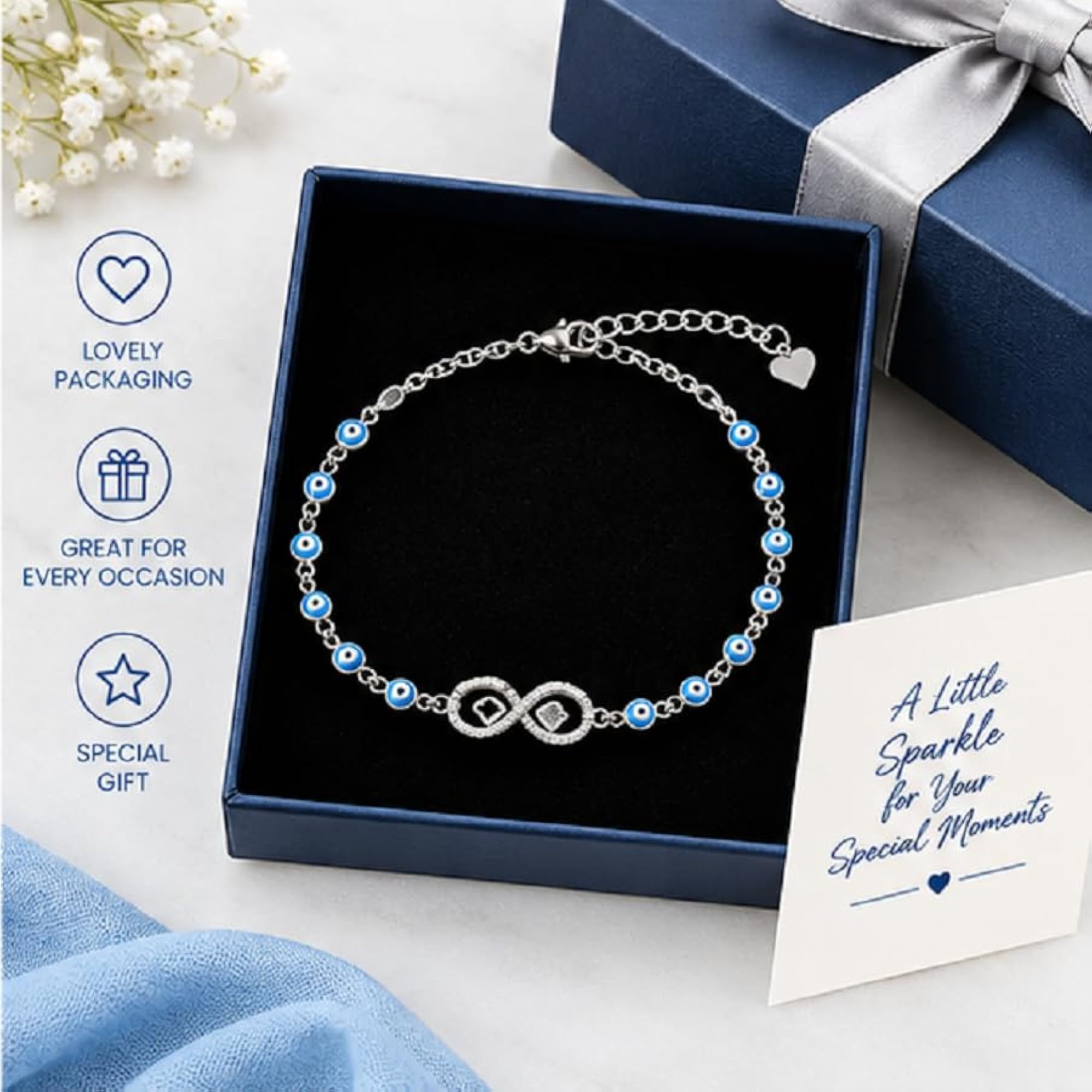 Women's Silver Bracelet with Blue Evil Eye Beads & Infinity Heart Charm