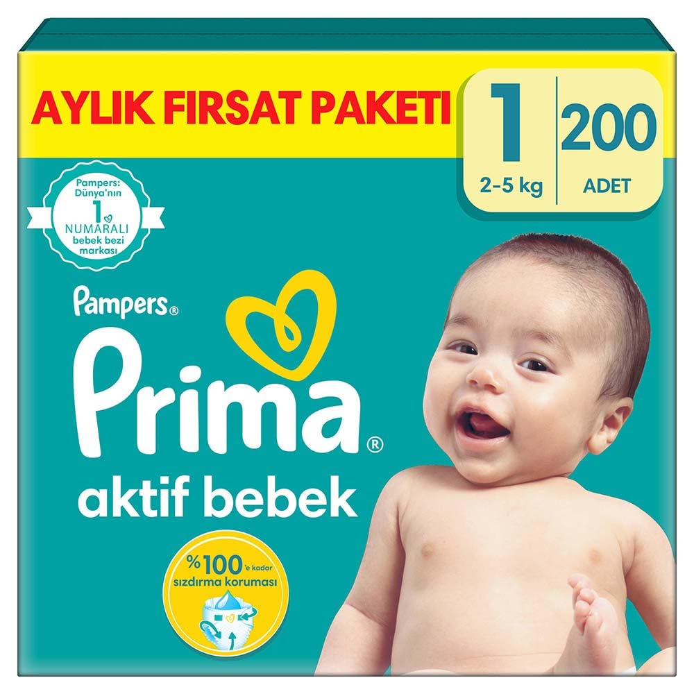 Prima Aktif Bebek, Bebek Bezi 1 Numara, 200 Adet Aylık Fırsat Paketi