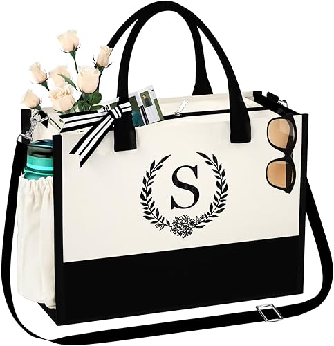 QLOVEA Bolsa de playa de yute con inicial con correa y bolsillo, regalo de cumpleaños personalizado para mamá, profesora, amigos, damas de honor