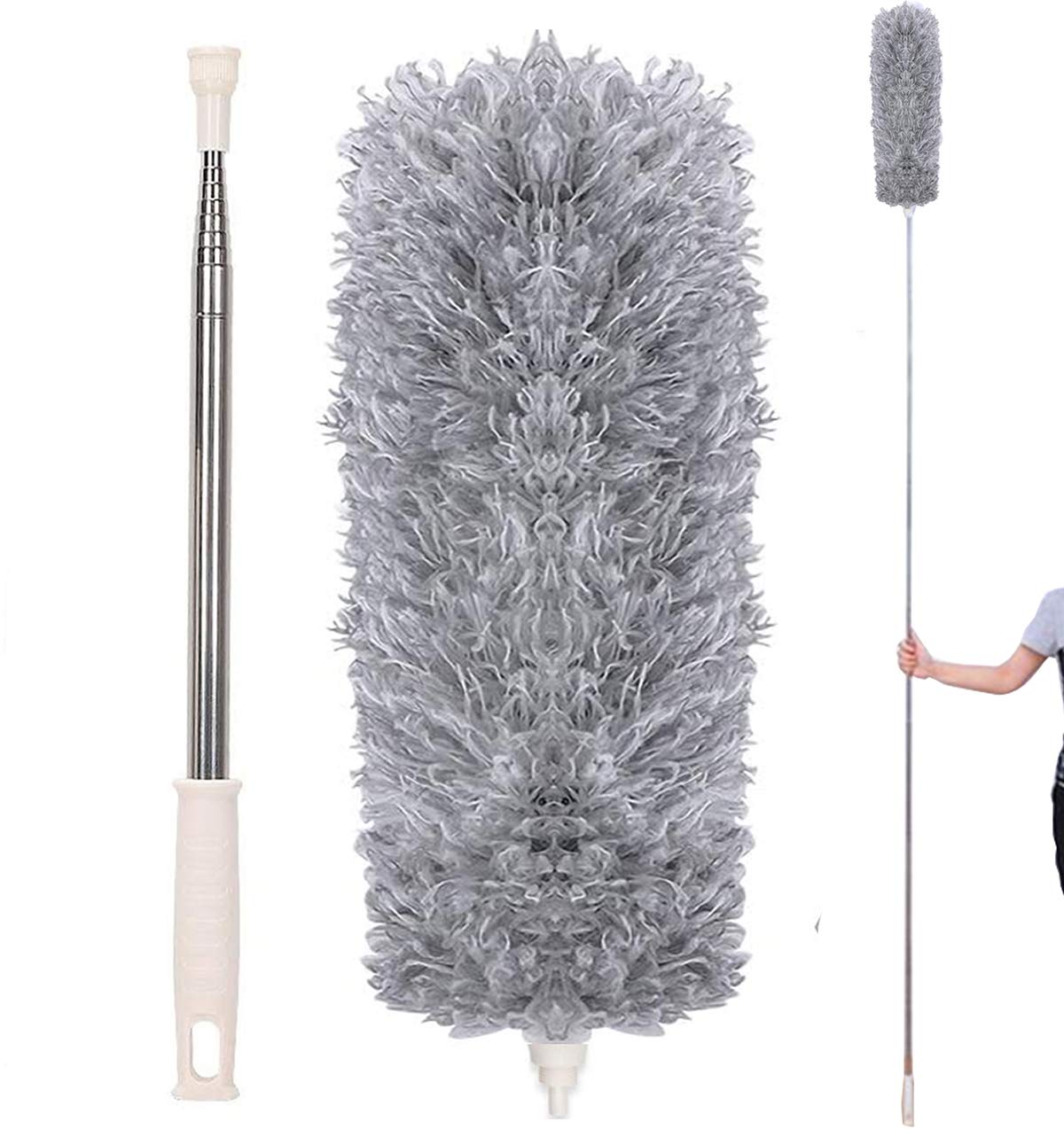 EigPluy Microfiber Dusters For Cleaning,Telescoping Feather Duster With 100 In Extendable Handle Pole,Dusting Cleaning Tools For Cleaning High Ceiling,Ceiling Fan,Blinds,Cobwebs,Furniture,Cars,Grey