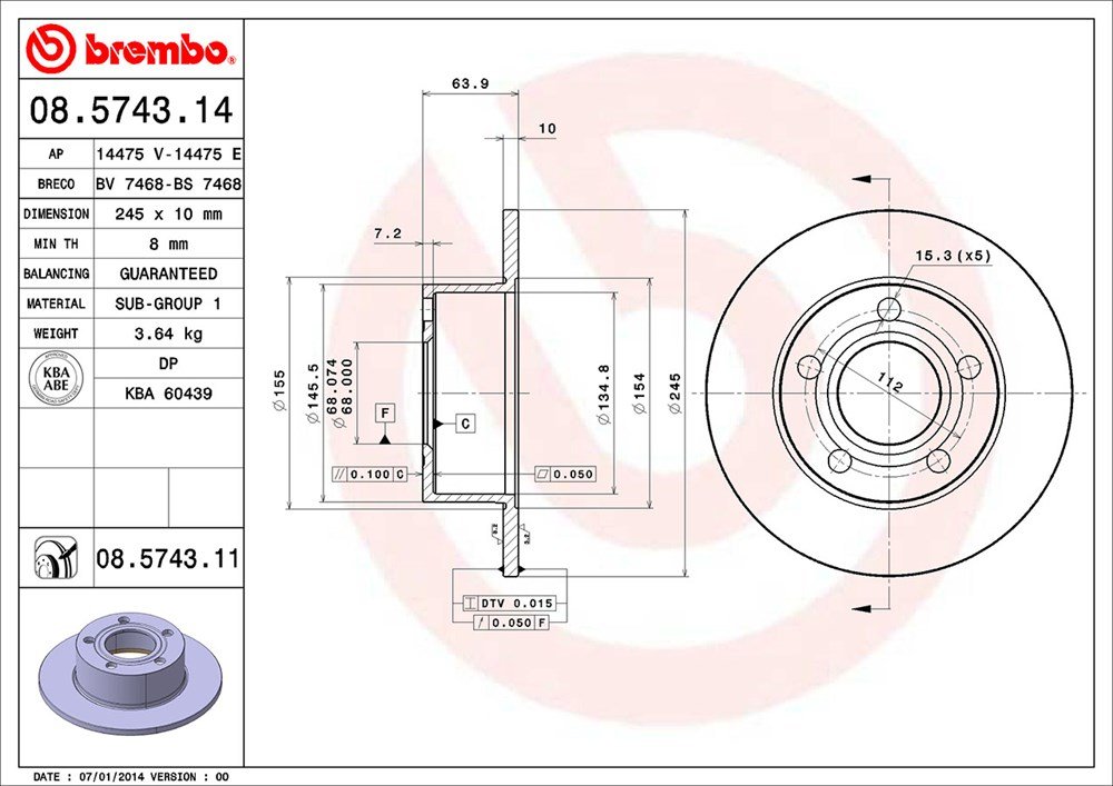 Brembo 08.5743.11 - Disco Freno con Verniciatura UV (Set di 2) - Posteriore