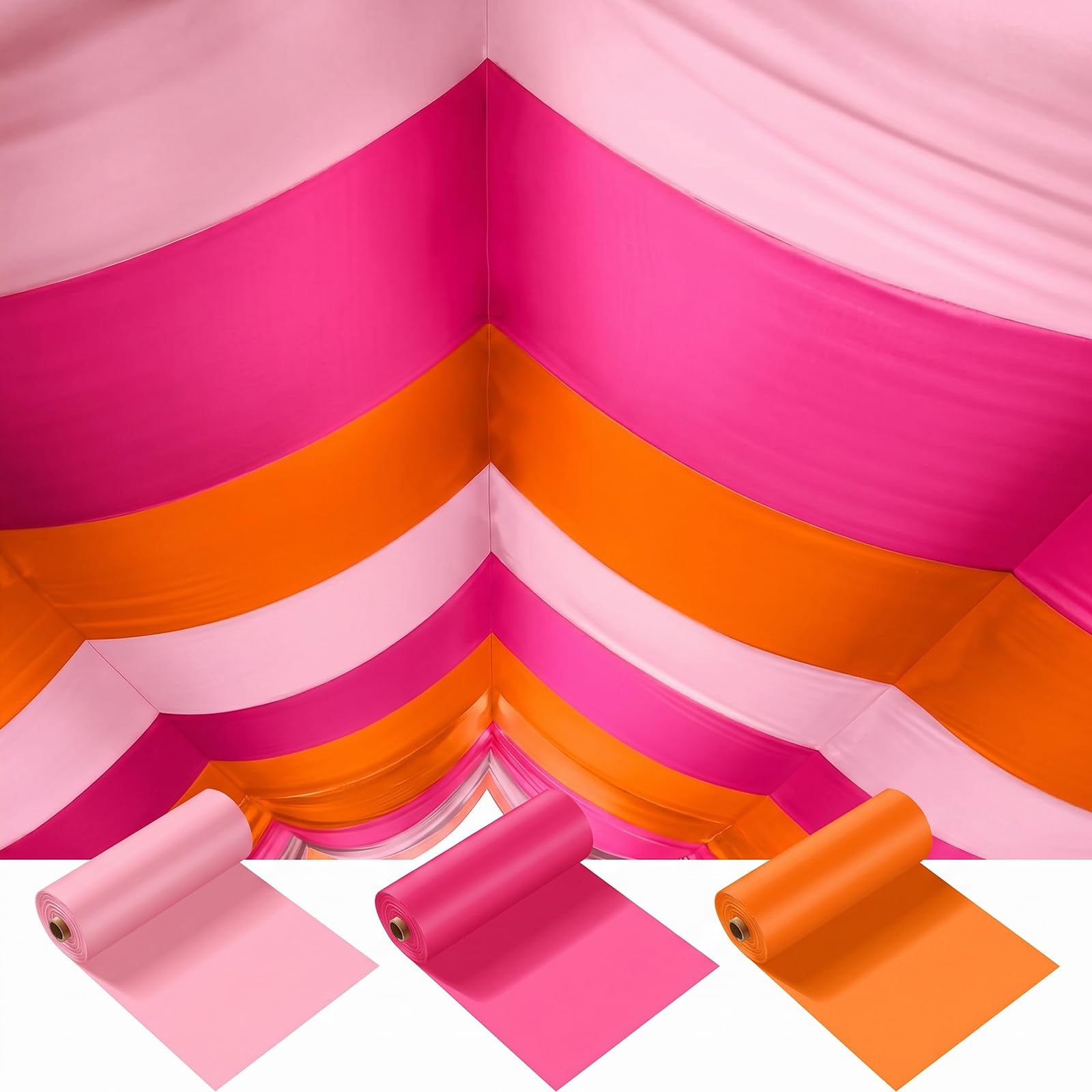 Blulu 3 rotoli da 101,6 x 30,5 m, tovaglie in plastica usa e getta per feste al tramonto rosa e arancione, copertura per tavolo fai da te, decorazione per matrimoni, compleanni, battesimi, tende