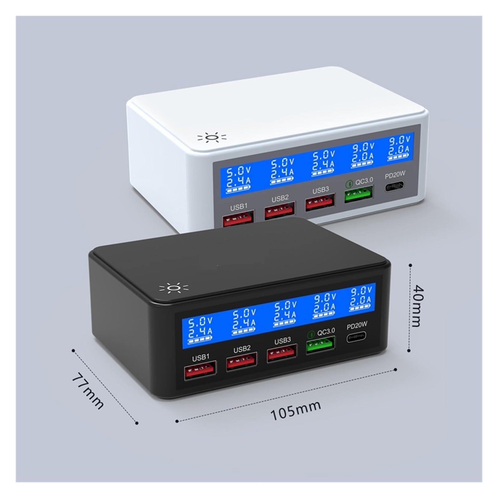 Stacja ładująca USB Szybka Ładowarka USB PD QC O Mocy 65 W, 5 Portów, Inteligentna Stacja Ładująca Hub, Adapter Szybkiego Ładowania USB C, Ładowarka Typu C, Wyświetlacz, Ładowarki Biurkowe.(Size:WHITE
